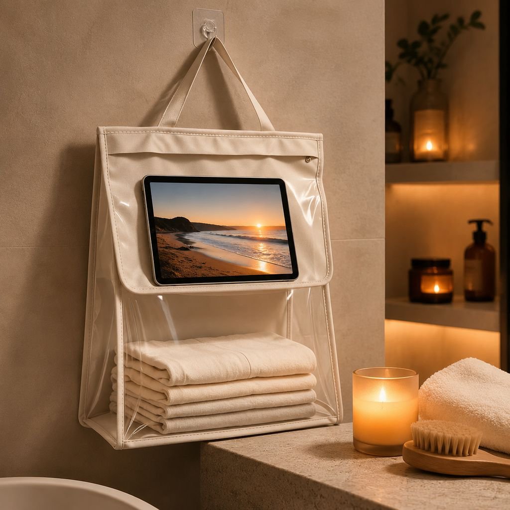 Family bathroom with waterproof organizer bag in use