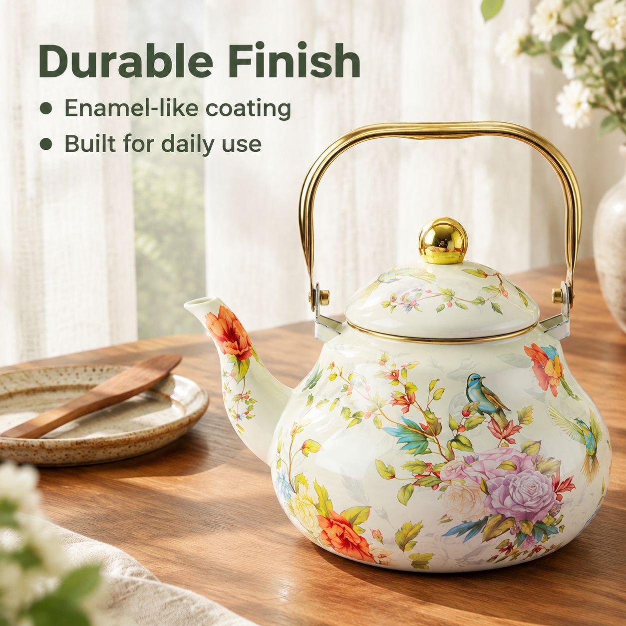 Vintage-style thick-walled enamel-look ceramic teapot