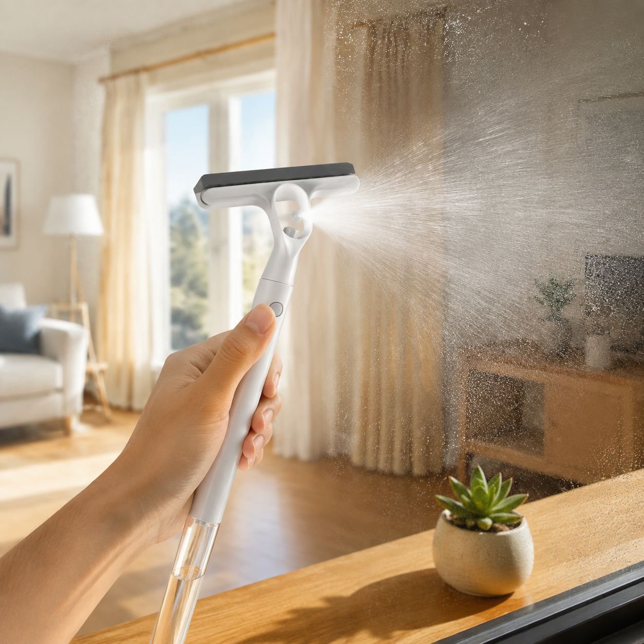 Mopa limpiadora de ventanas con botella de spray integrada