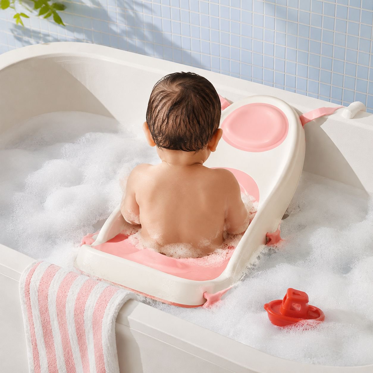 Bebé usando alfombrilla antideslizante en bañera