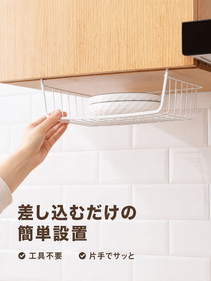 穴あけ不要のキッチン吊り下げ式バスケットラック