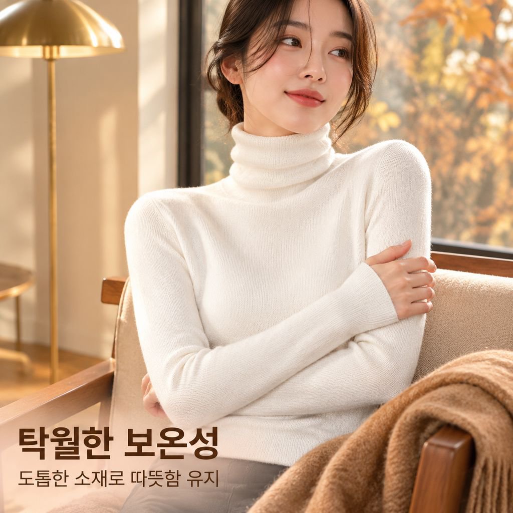 가을겨울 여성 화이트 루즈 터틀넥 슬림핏 긴팔 니트 티셔츠 이너