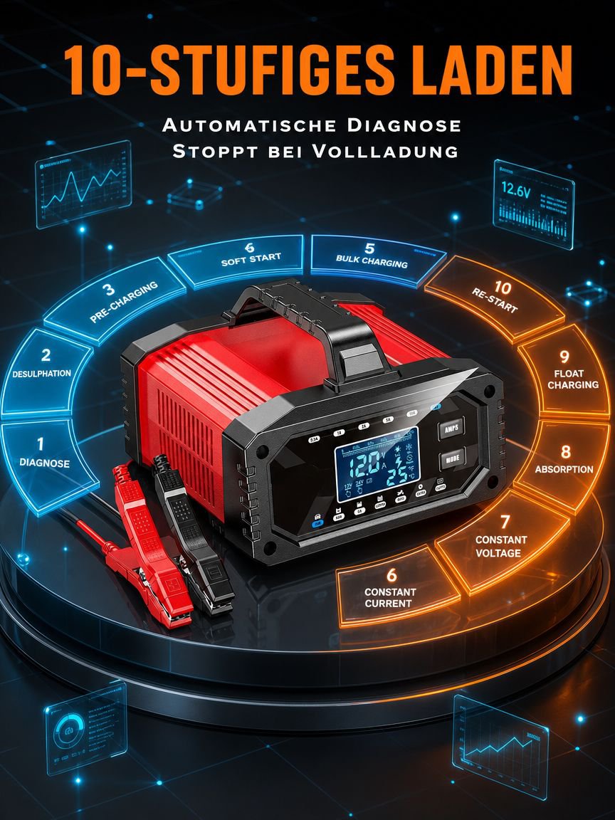 Motorradbatterie wird mit Ladegerät sicher geladen