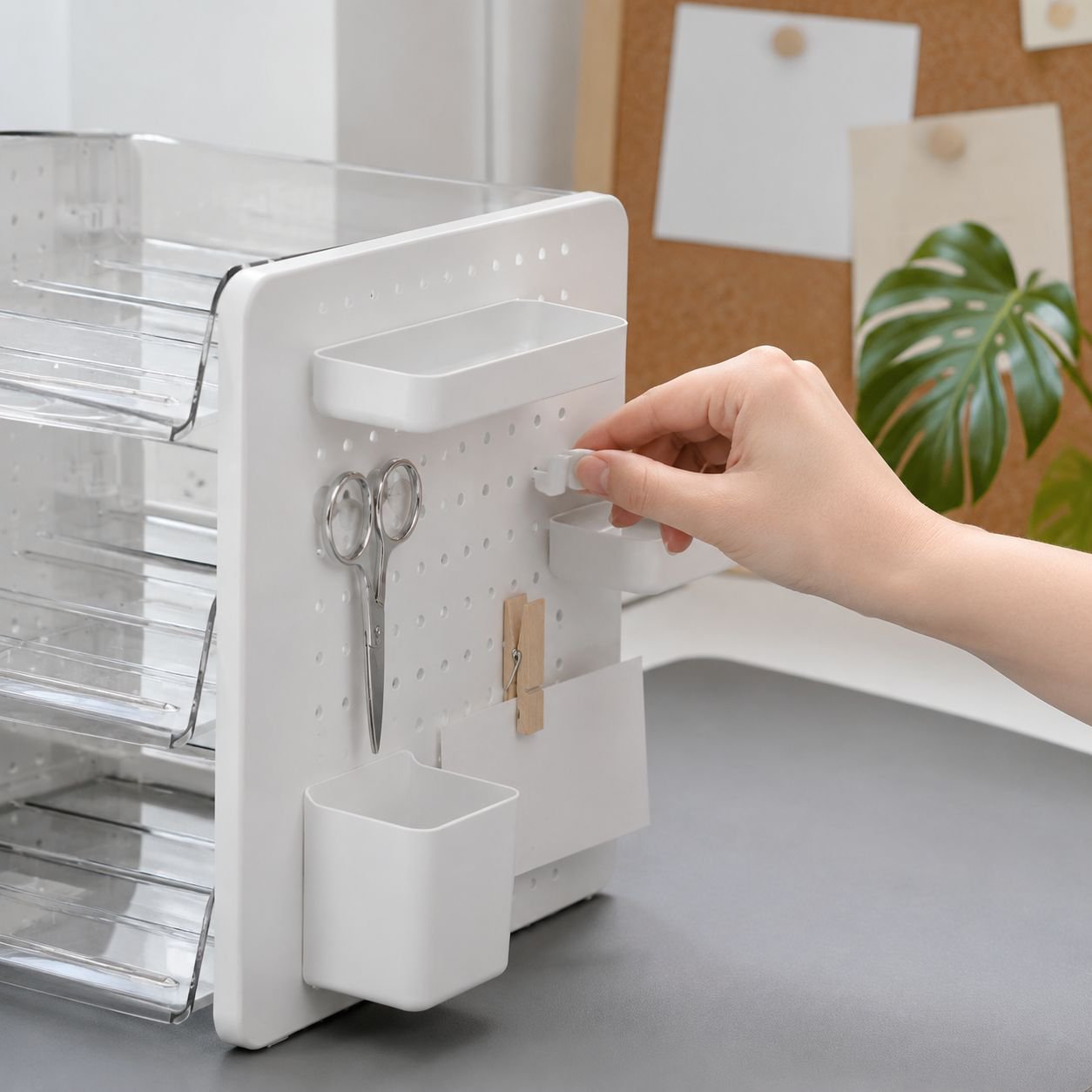 Organizador de escritorio con tablero perforado, solución todo en uno para papelería y cosméticos