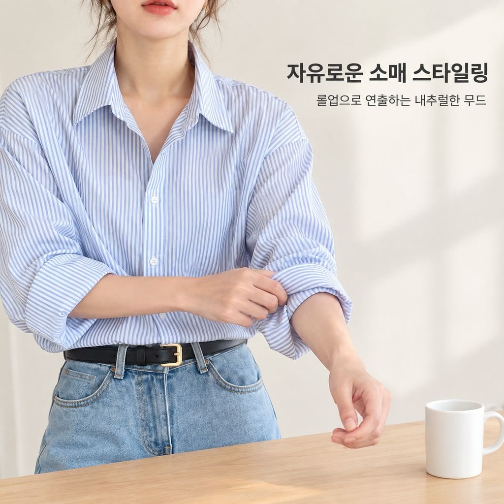 스타일리시한 루즈핏 스트라이프 상의 여성 롱 스타일 한국 디자인 셔츠