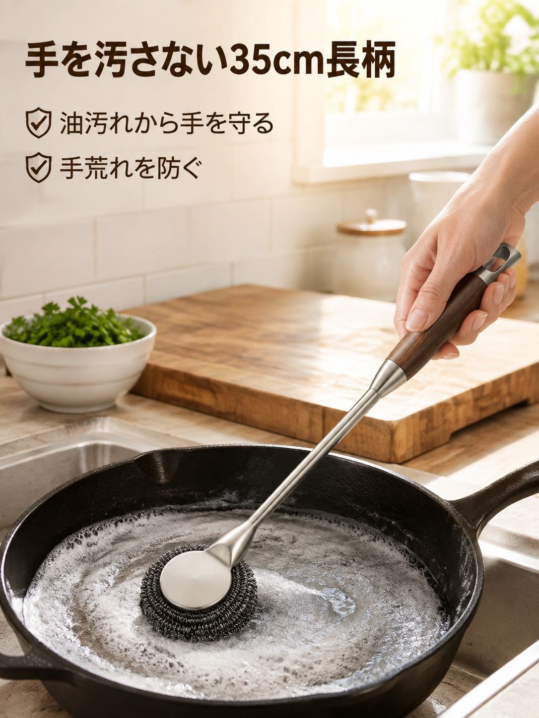 キッチン用ステンレススチールたわし 長柄クリーニングブラシ