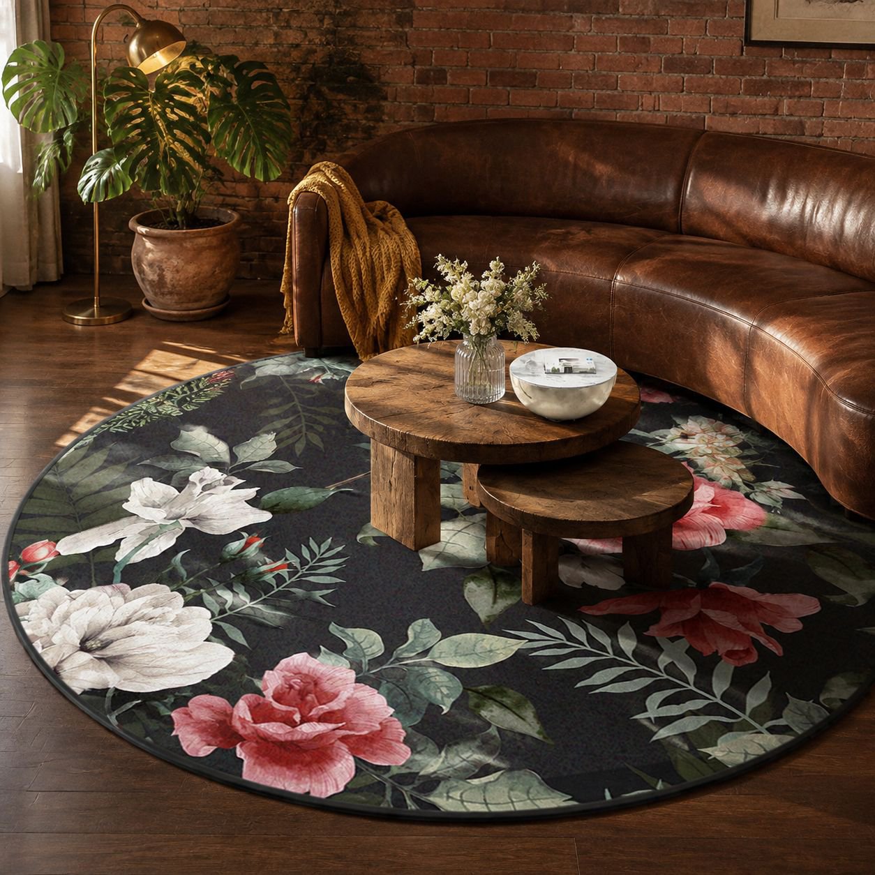 Country Style Floral Rose Round Floor Mat for Balcony, Living Room, and Coffee Table