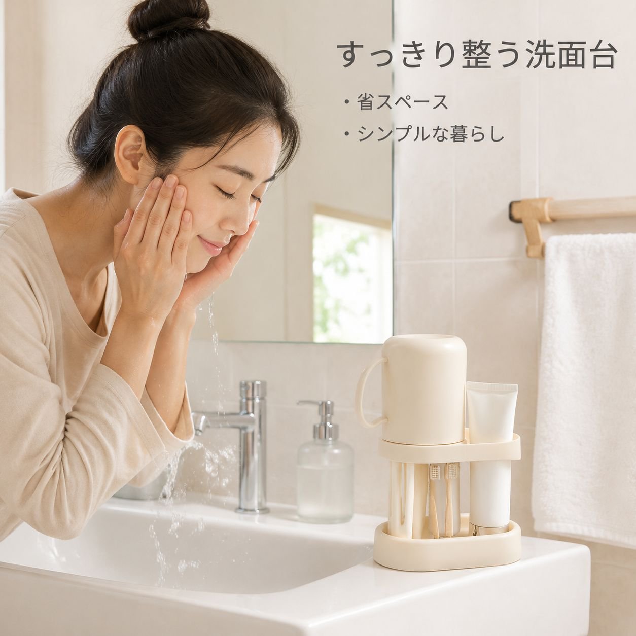 シンプルうがいコップ・仕切り付き歯ブラシスタンド一体型収納ラック