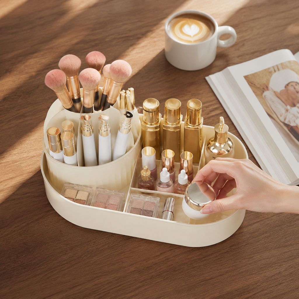 Organized cosmetic and skincare products in storage box