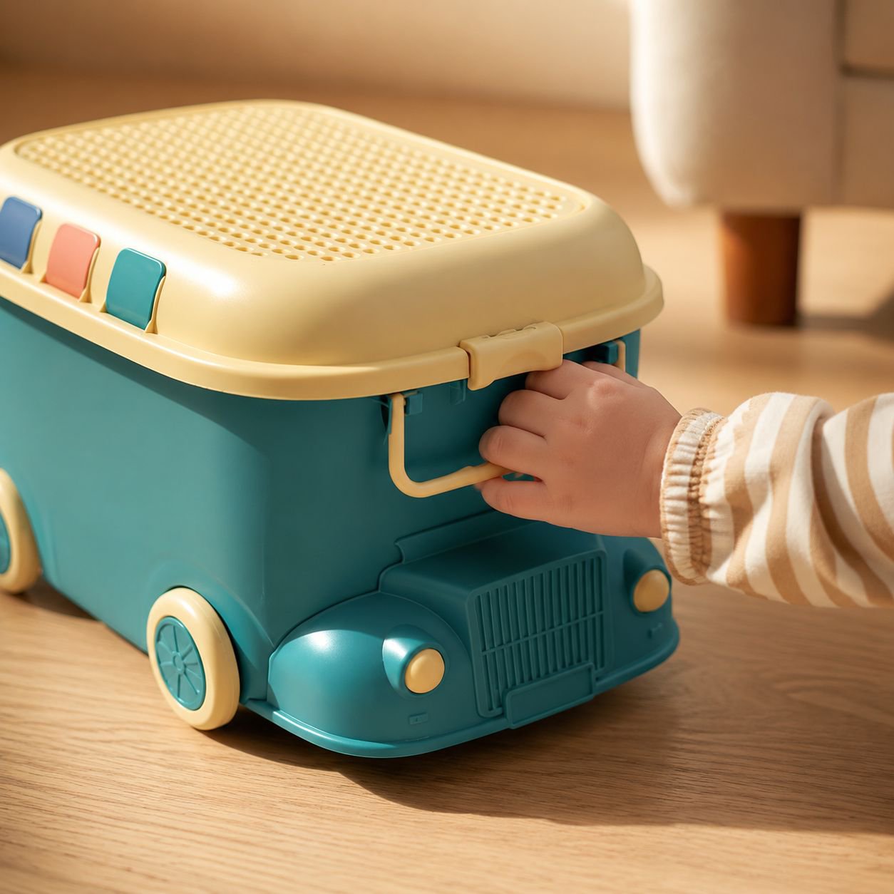 Side angle of train toy storage bin in playroom