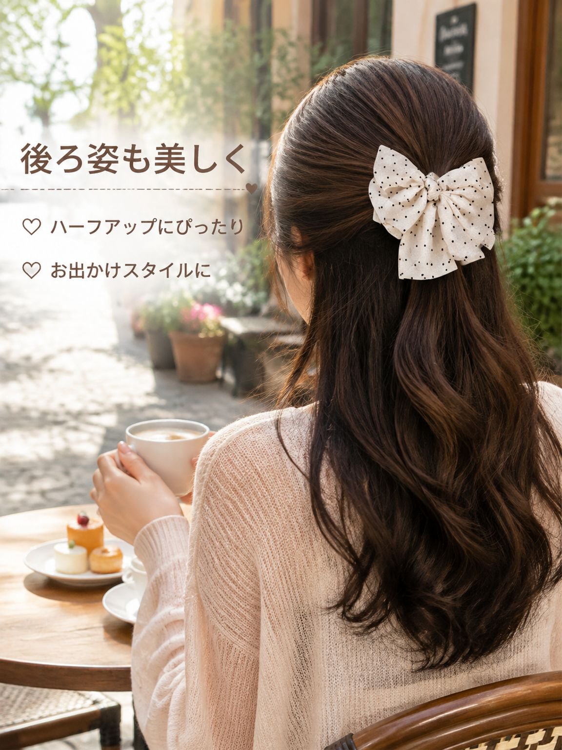 水玉模様のリボン型ヘアクリップ