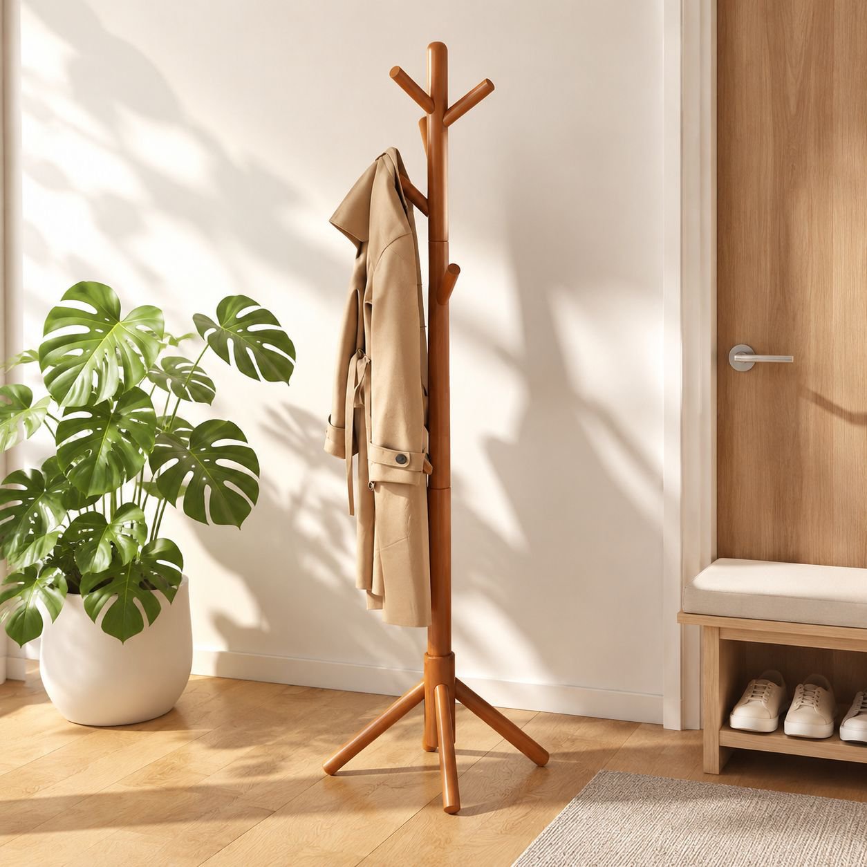 Freistehende Garderobe und Hutablage aus Massivholz