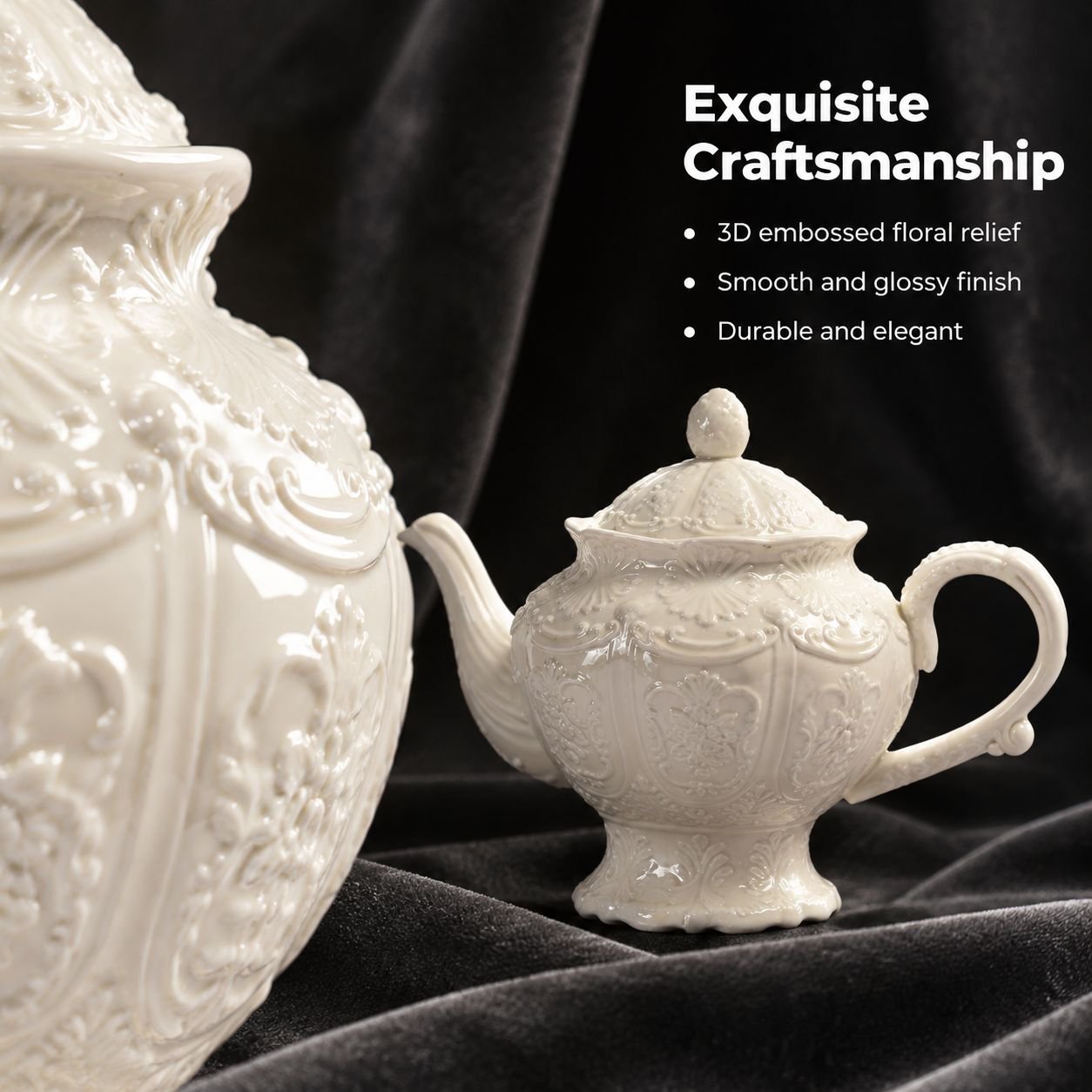 French vintage cream-colored ceramic teapot with raised relief