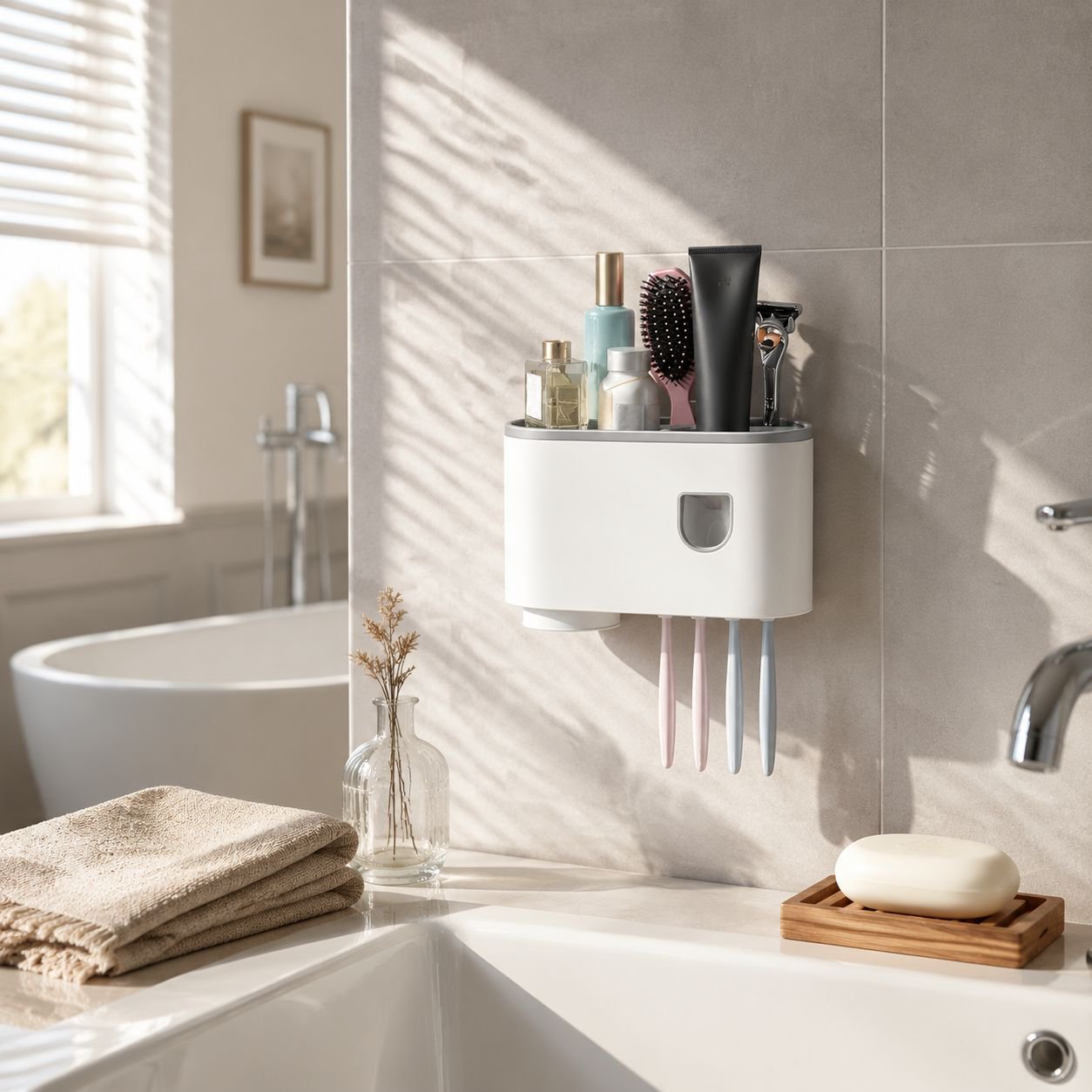 Wall-mounted toothpaste squeezer attached to bathroom wall