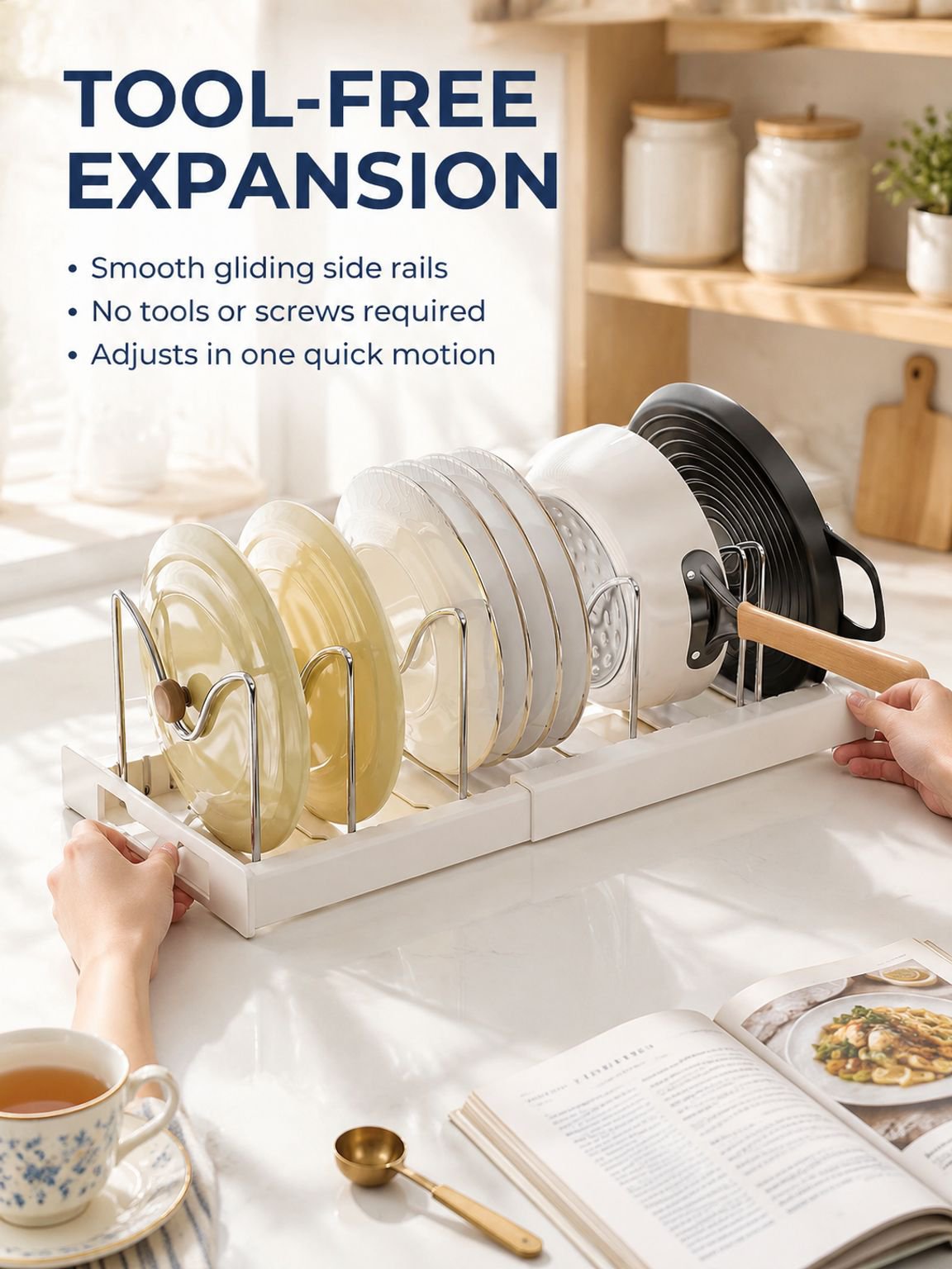 Expandable pan organizer with adjustable dividers for cookware storage