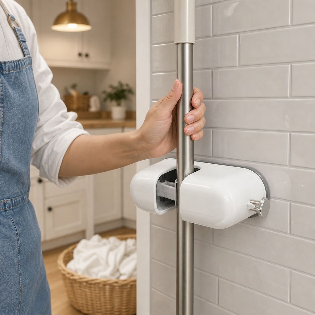 Wall-Mounted Stainless Steel Mop Clip, No-Drill Suction Cup Design for Home