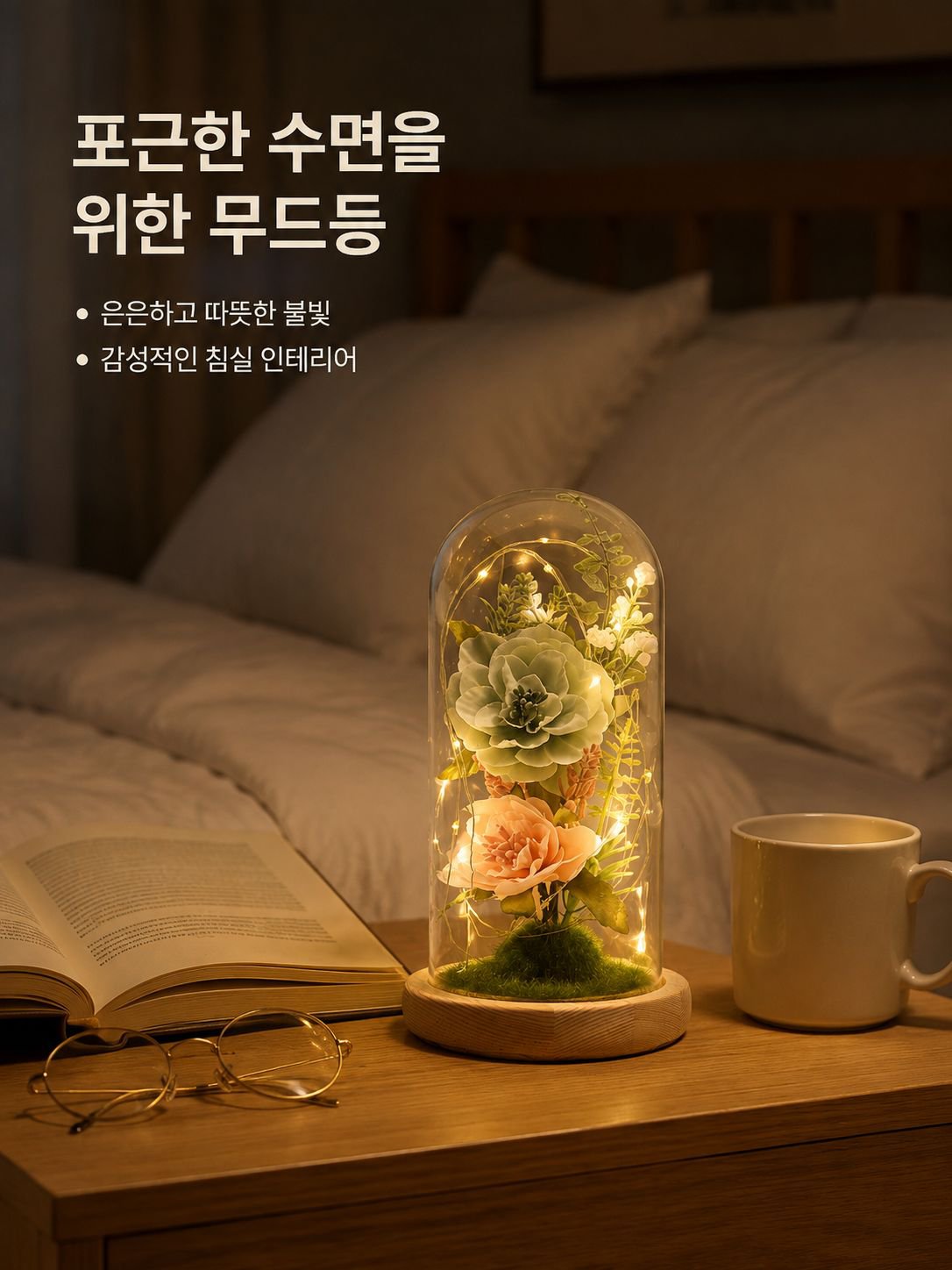 유리 돔과 보존화가 있는 LED 야간 조명 탁상 장식
