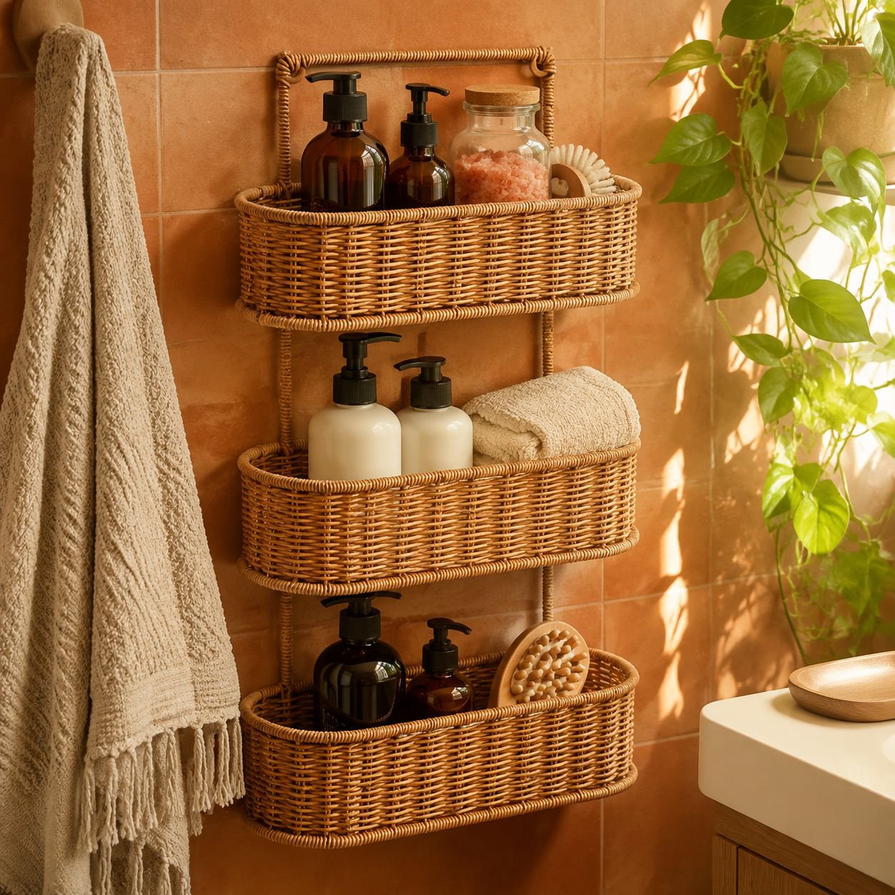Adhesive wall shelf holding spices and condiments