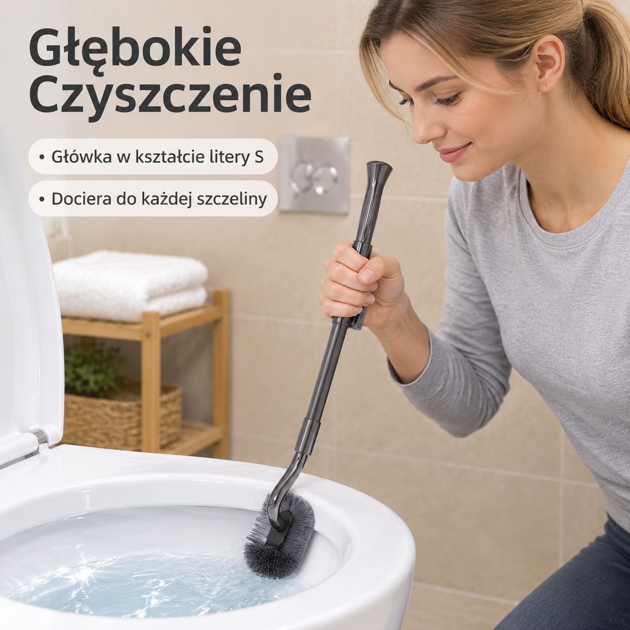 Szczotka toaletowa ścienna w kształcie litery S, z regulowaną długością