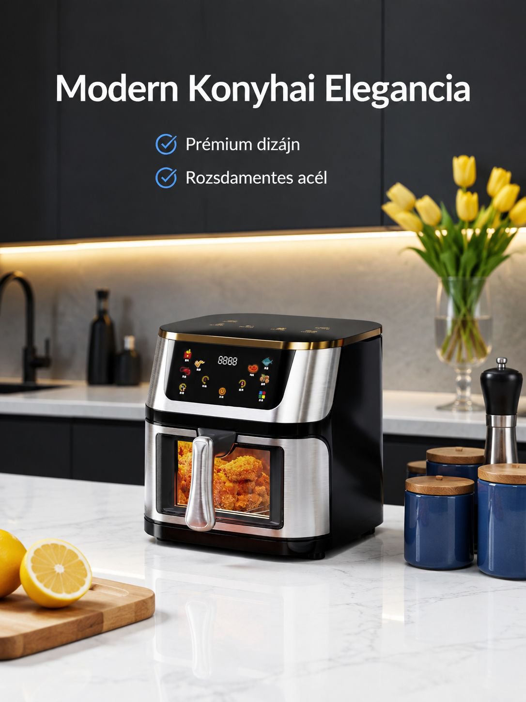 Háztartási, átlátszó, rozsdamentes acél, 10L-es nagy kapacitású légsütő