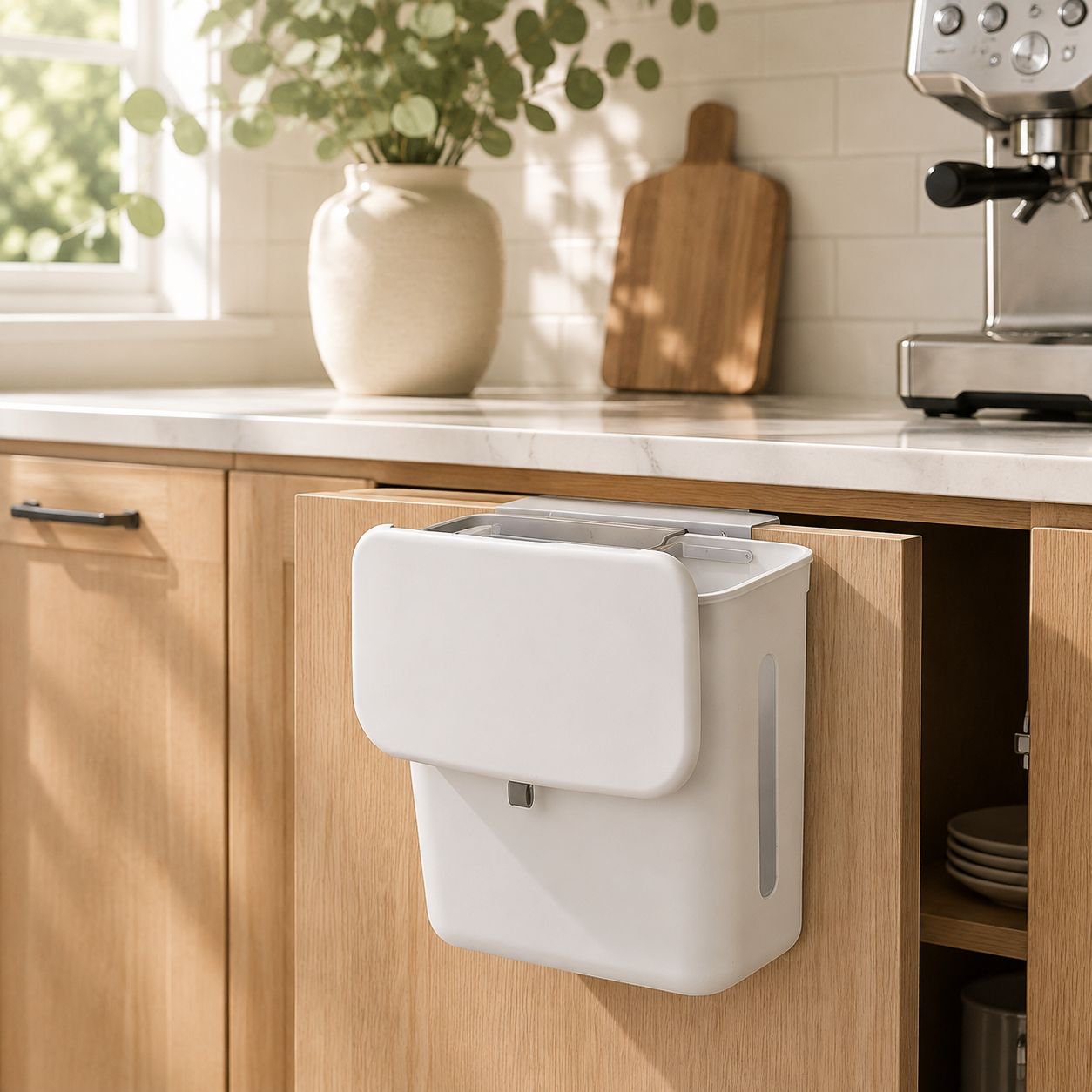 Cubo de basura colgante para puerta de gabinete de cocina, separación seco-húmedo, tapa deslizante