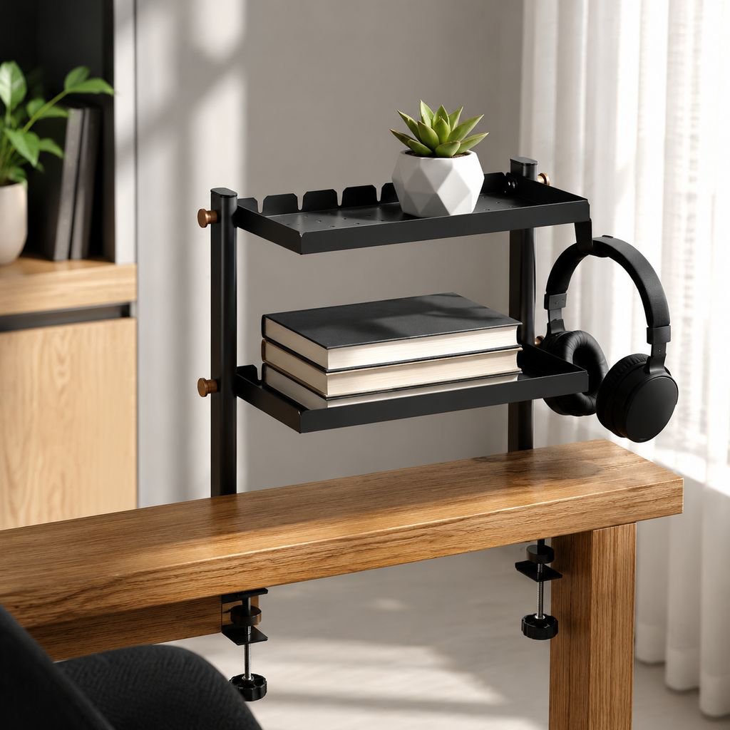 Desktop Clip-on Double-Layer Storage Rack, No Drilling, Foldable Tray, Pegboard/Hanging