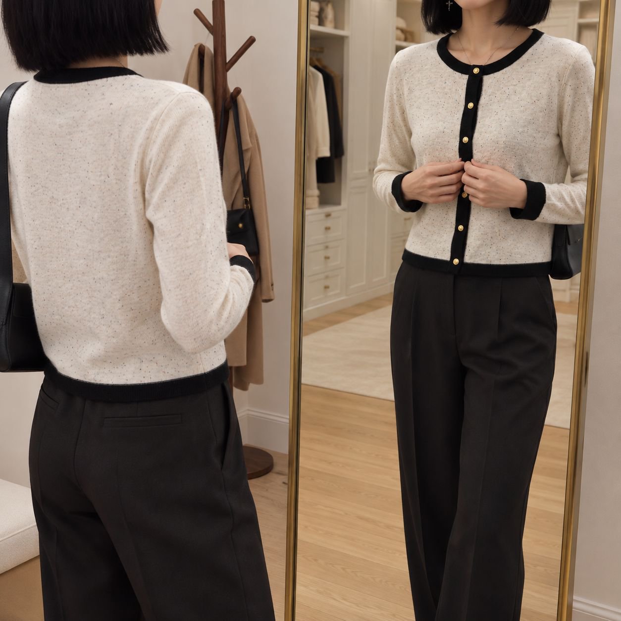 女性モデルが着る春秋用ウールカーディガン