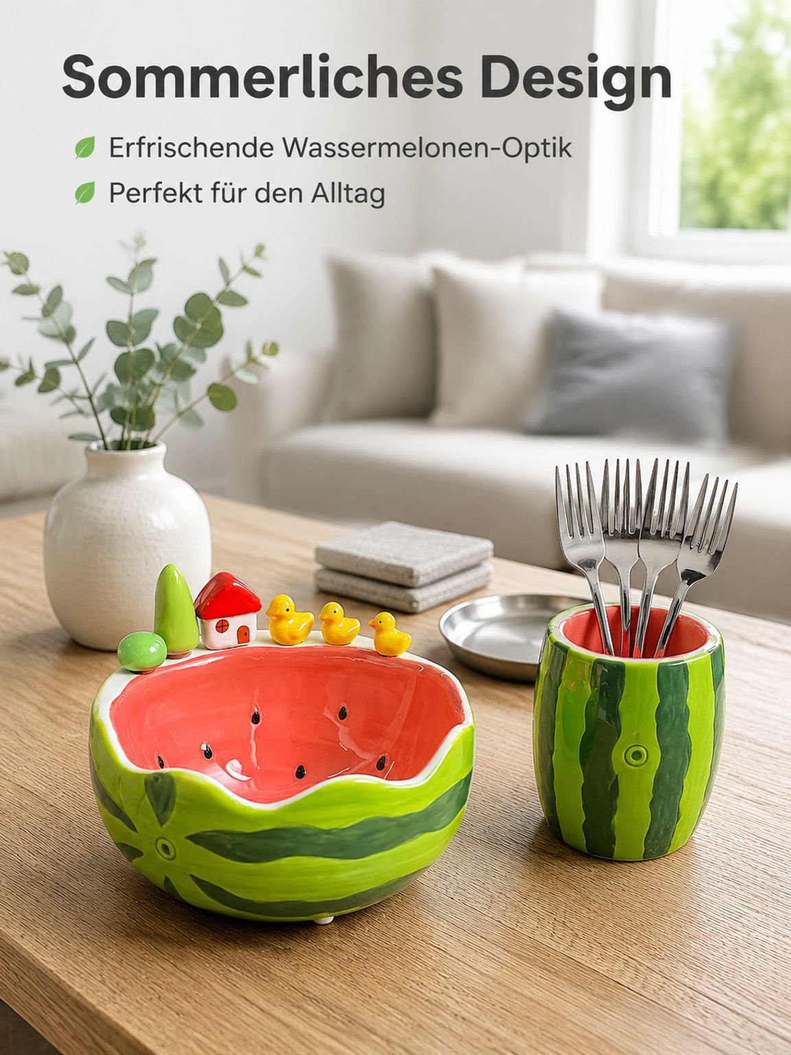 Süßes Keramik-Frucht-Schalen-Set mit Wassermelonenmuster und Edelstahl-Fruchtgabeln