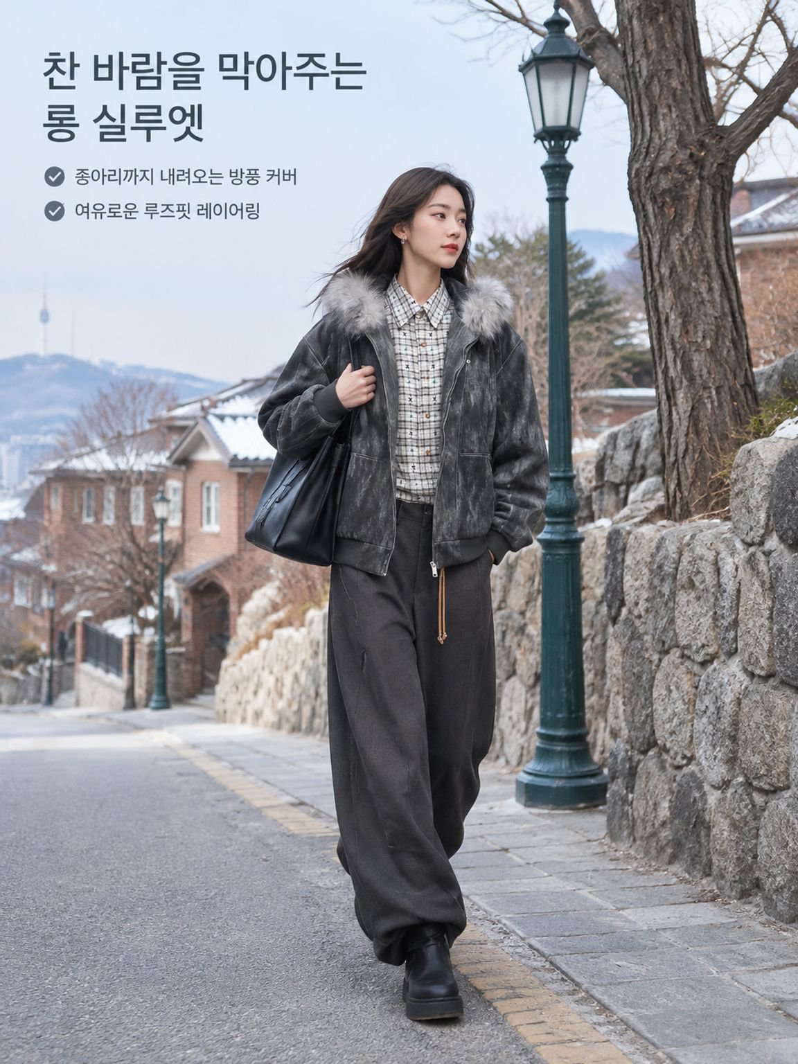 문예 복고풍 나염 패딩 나른한 스타일 퍼 카라 롱 점퍼