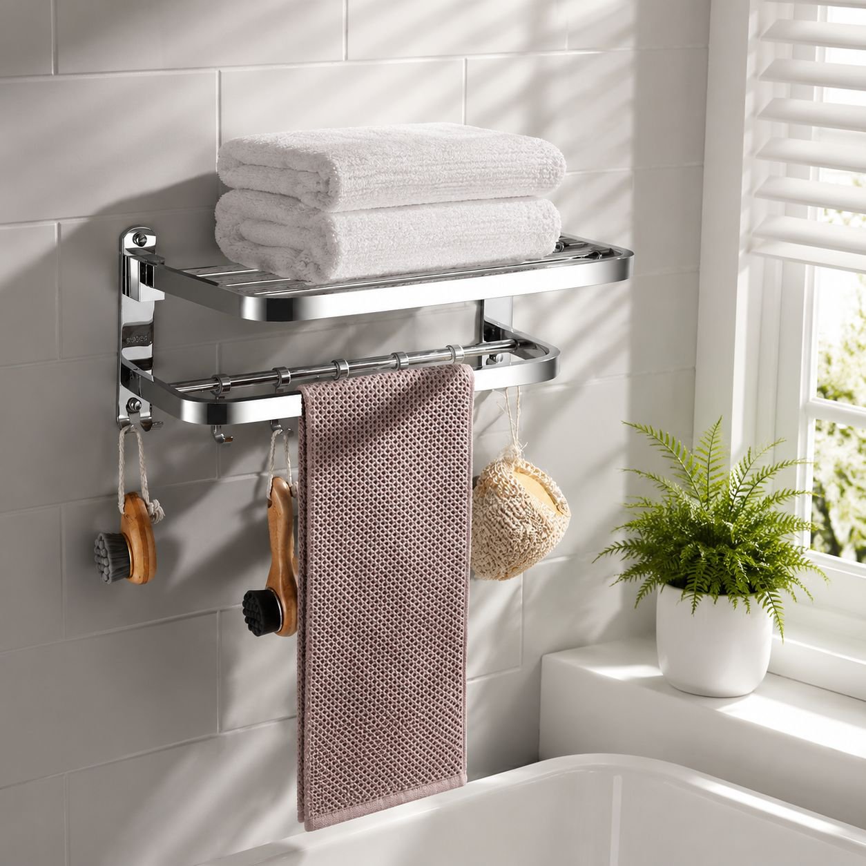 Wall mounted towel shelf with sleek design