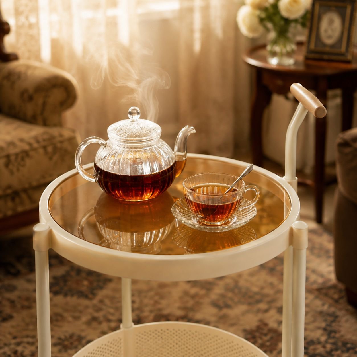 Elegant glass top trolley table with wheels