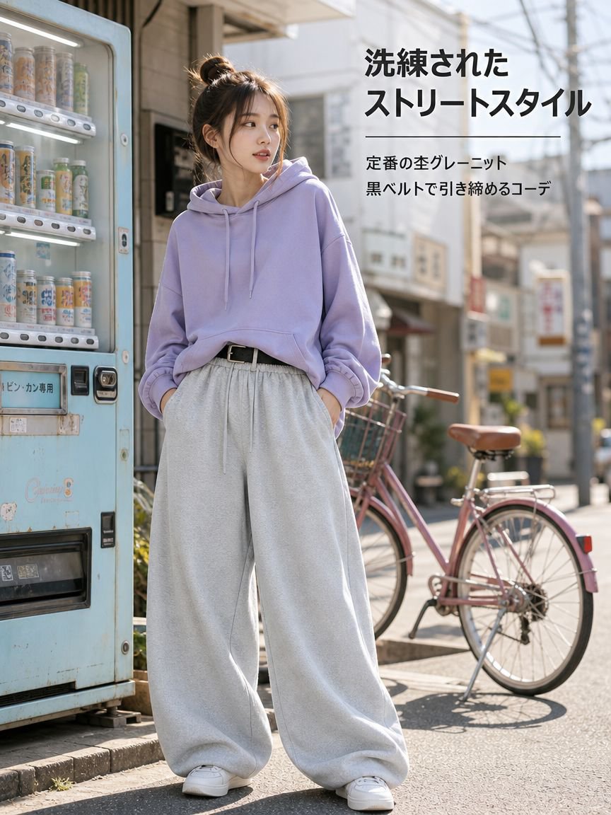 リラックス感あふれるカーブドワイドパンツの着用例