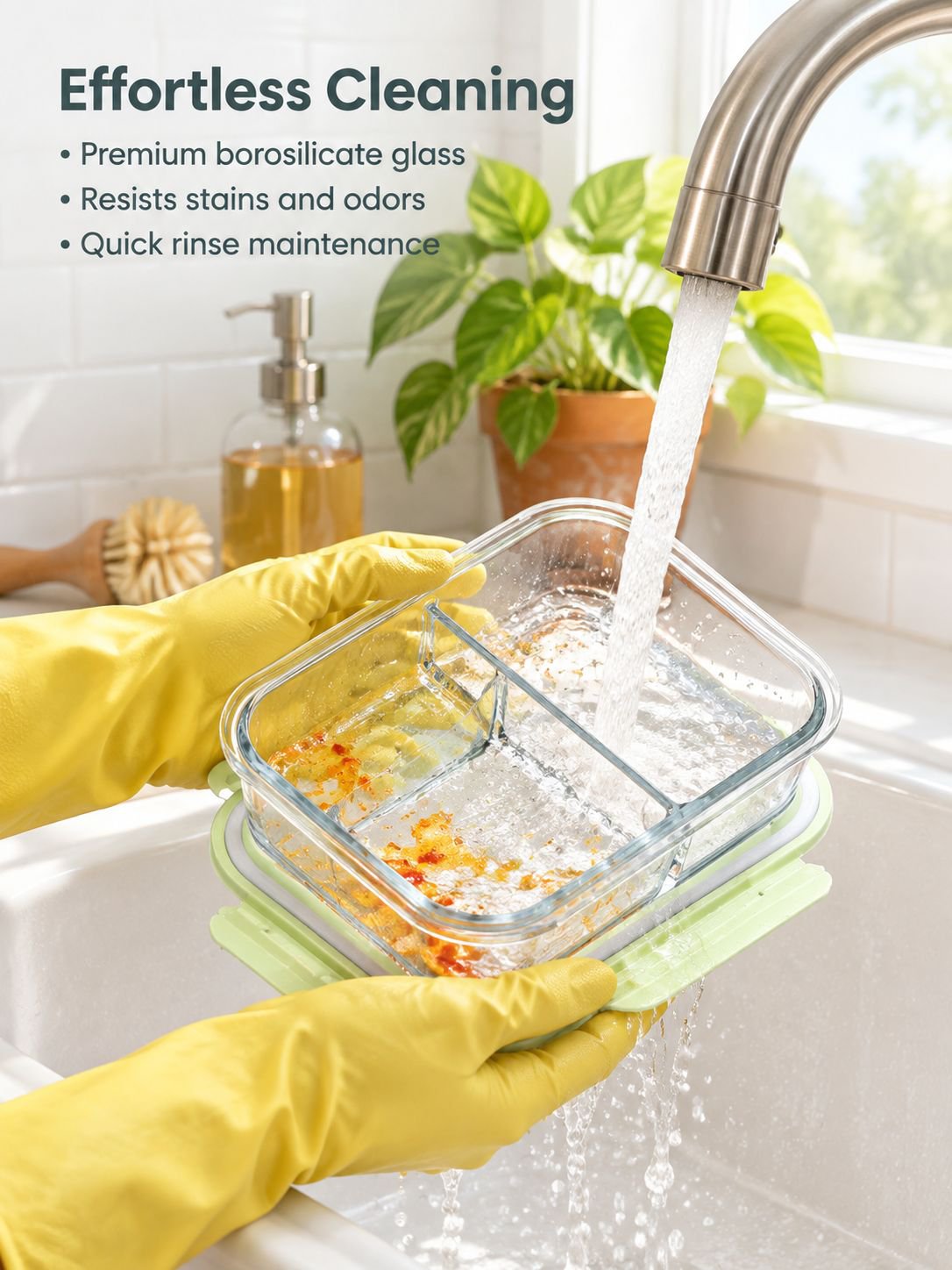 Divided glass lunch box packed with a complete meal