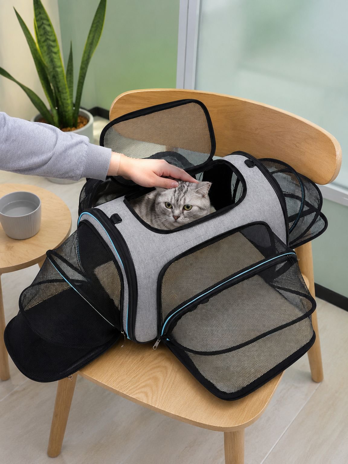 Chat installé confortablement dans un sac de transport extensible