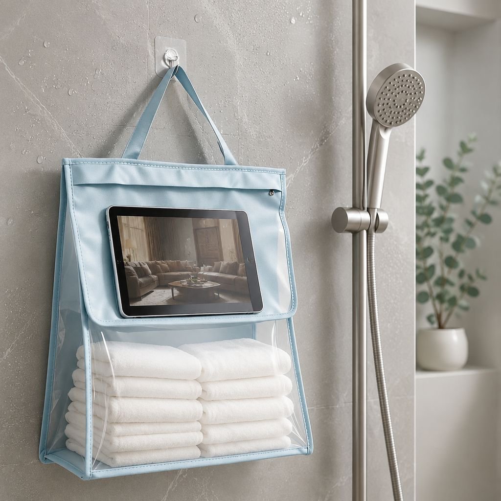 Close-up of waterproof material on bathroom organizer bag