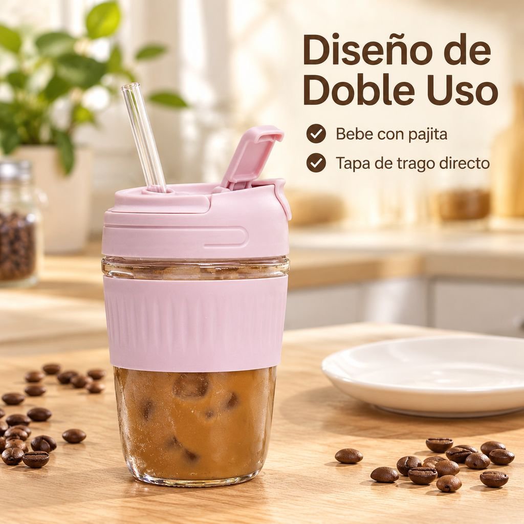 Vaso de vidrio de doble uso con pajita