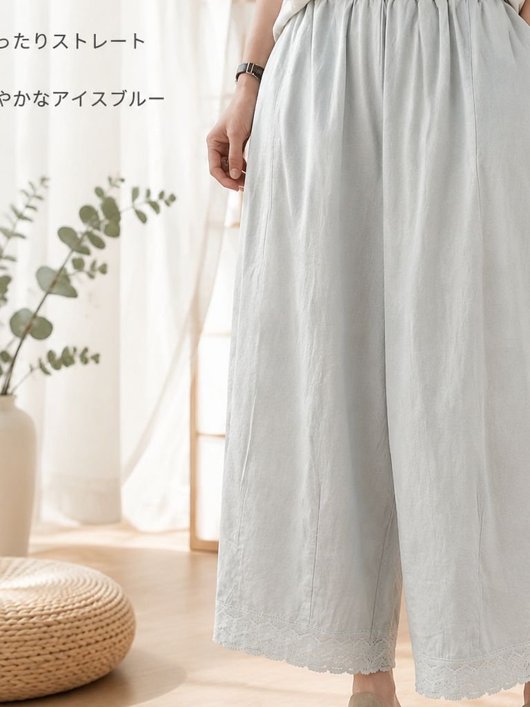 夏用綿麻ゆったりストレートワイドパンツ女性用