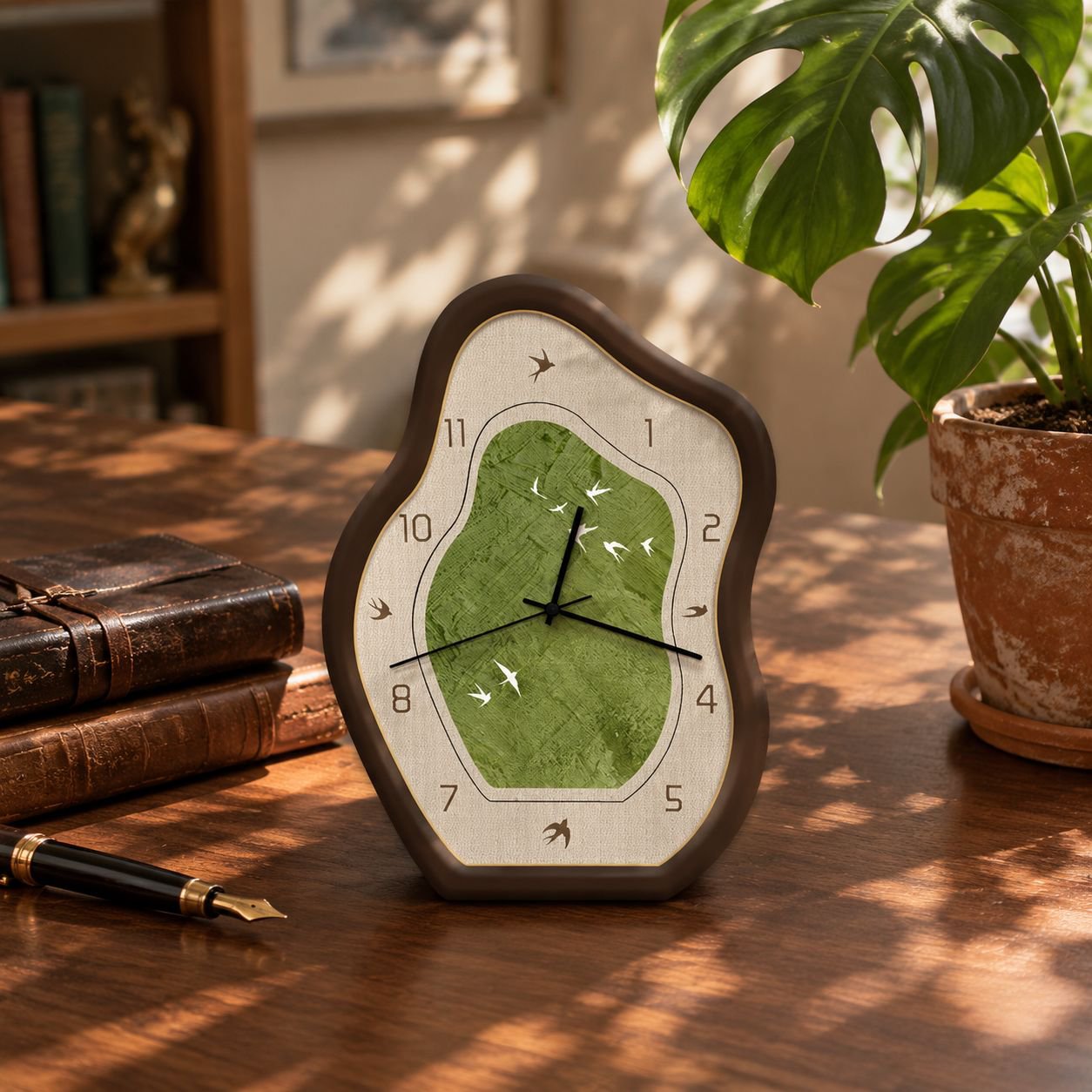 Reloj de mesa decorativo con paisaje verde