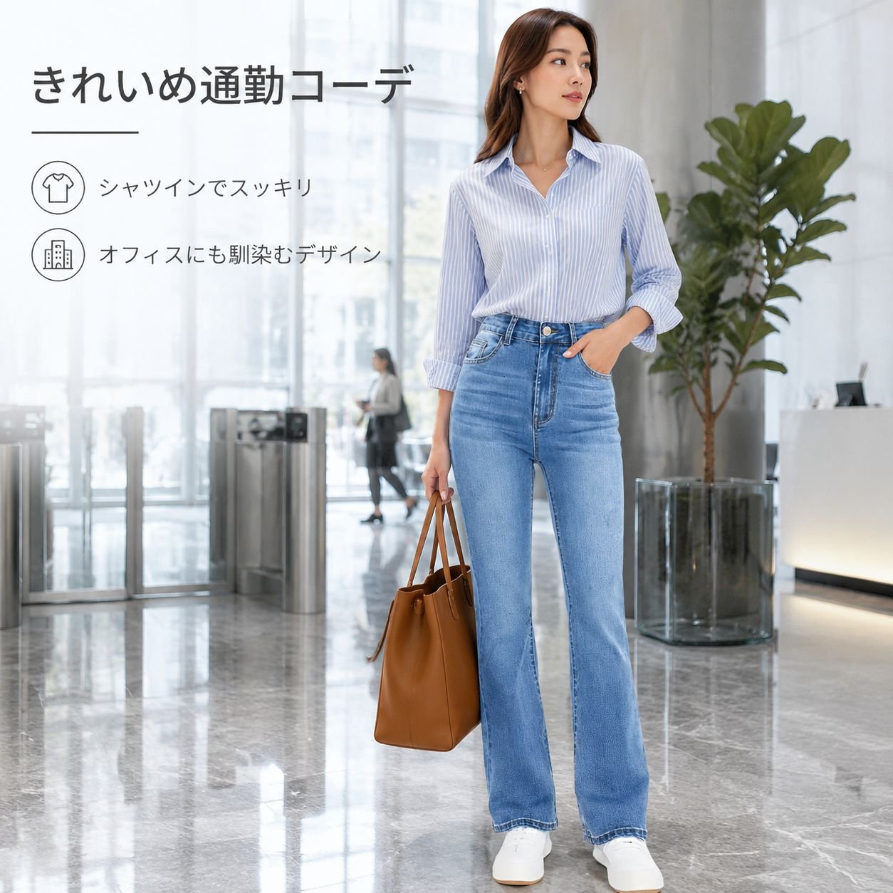 ハイウエストストレートスリムレディースライトブルージーンズ
