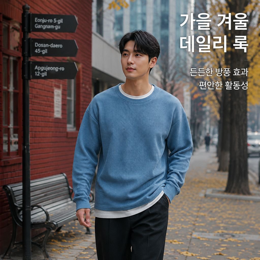 남성용 와플 니트 크루넥 풀오버 스웨터