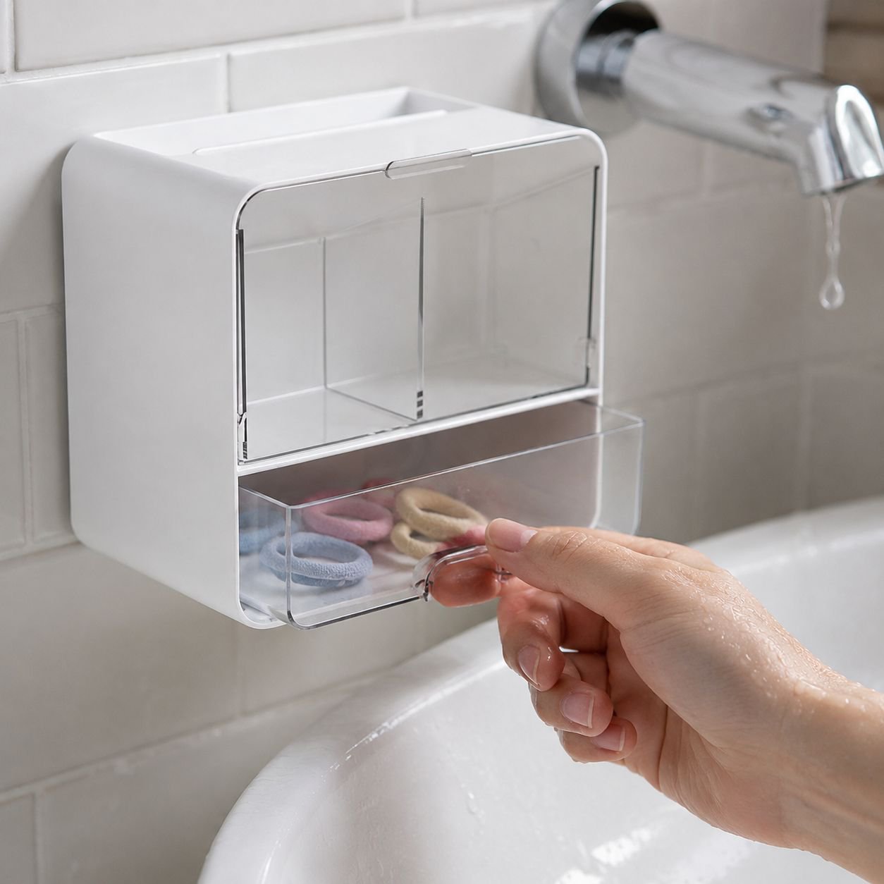 Cosmetics storage box mounted on bathroom wall