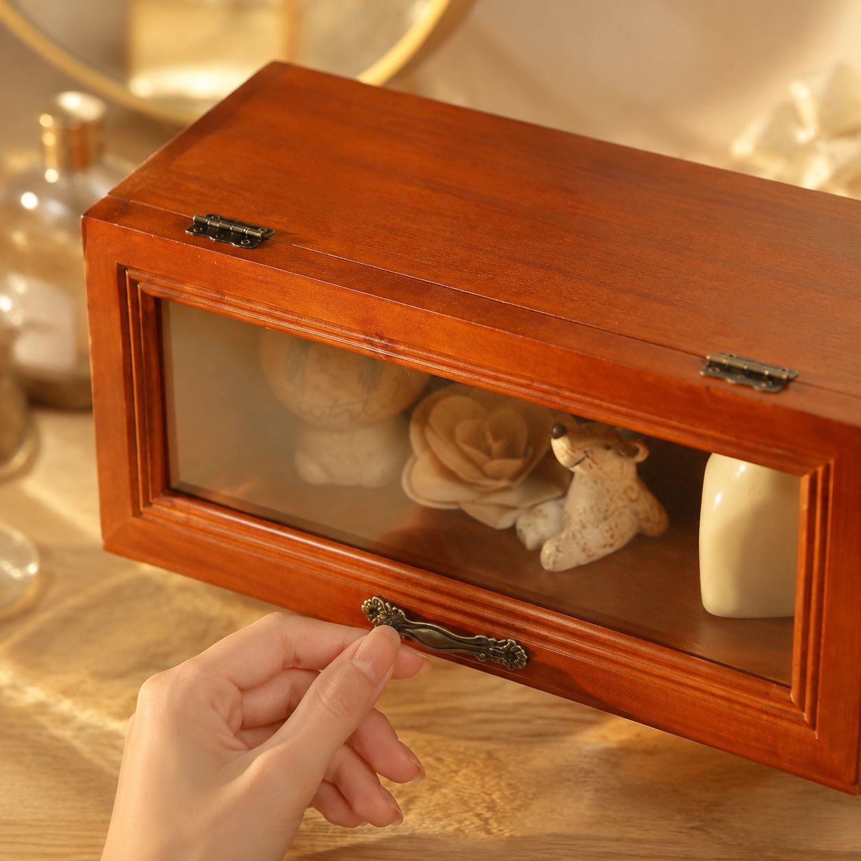 Cosmetic storage display box with dustproof glass and wooden design
