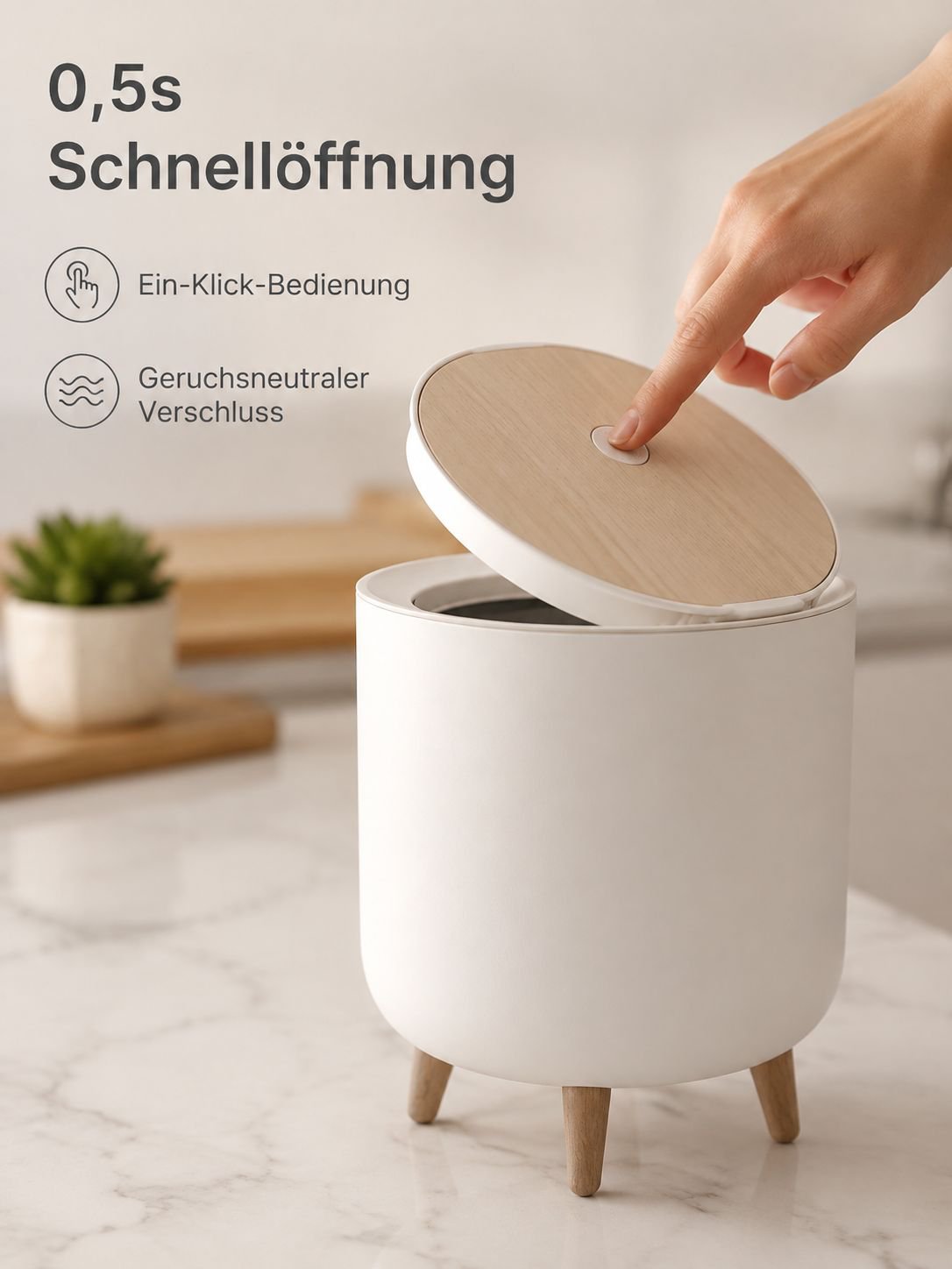 Erhöhter Abfalleimer in Holzoptik