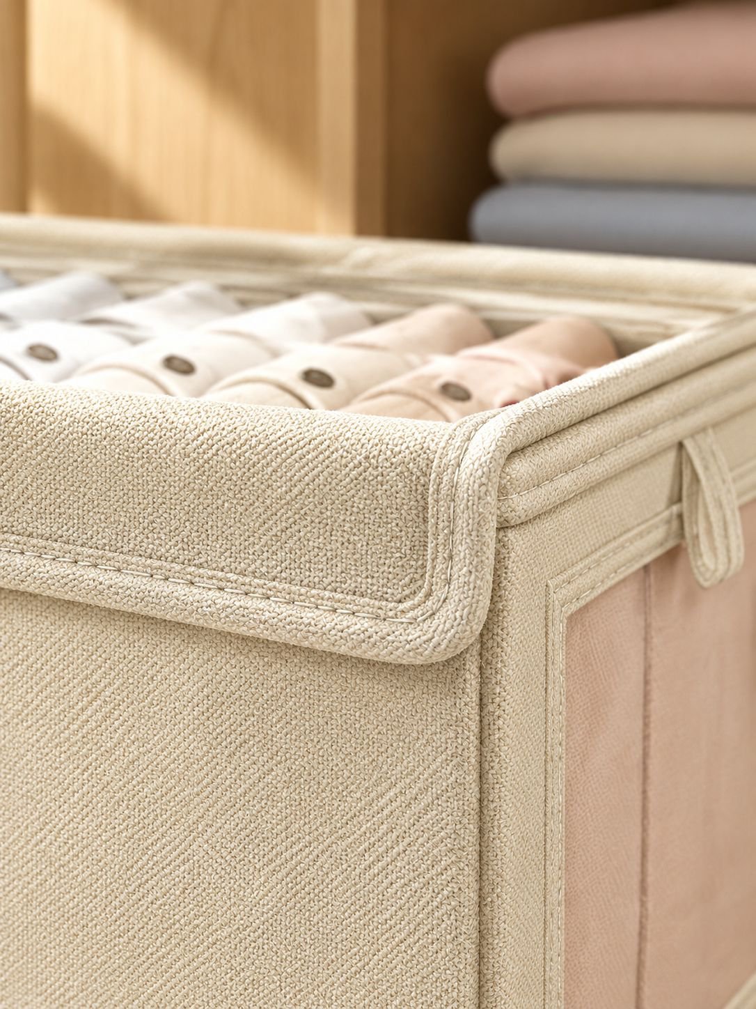 Foldable clothes storage organizer case in modern bedroom