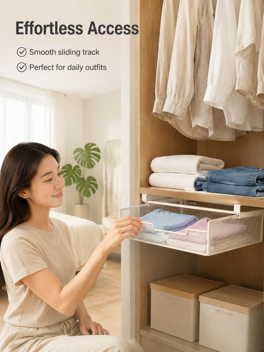Wardrobe pull-out drawer storage basket