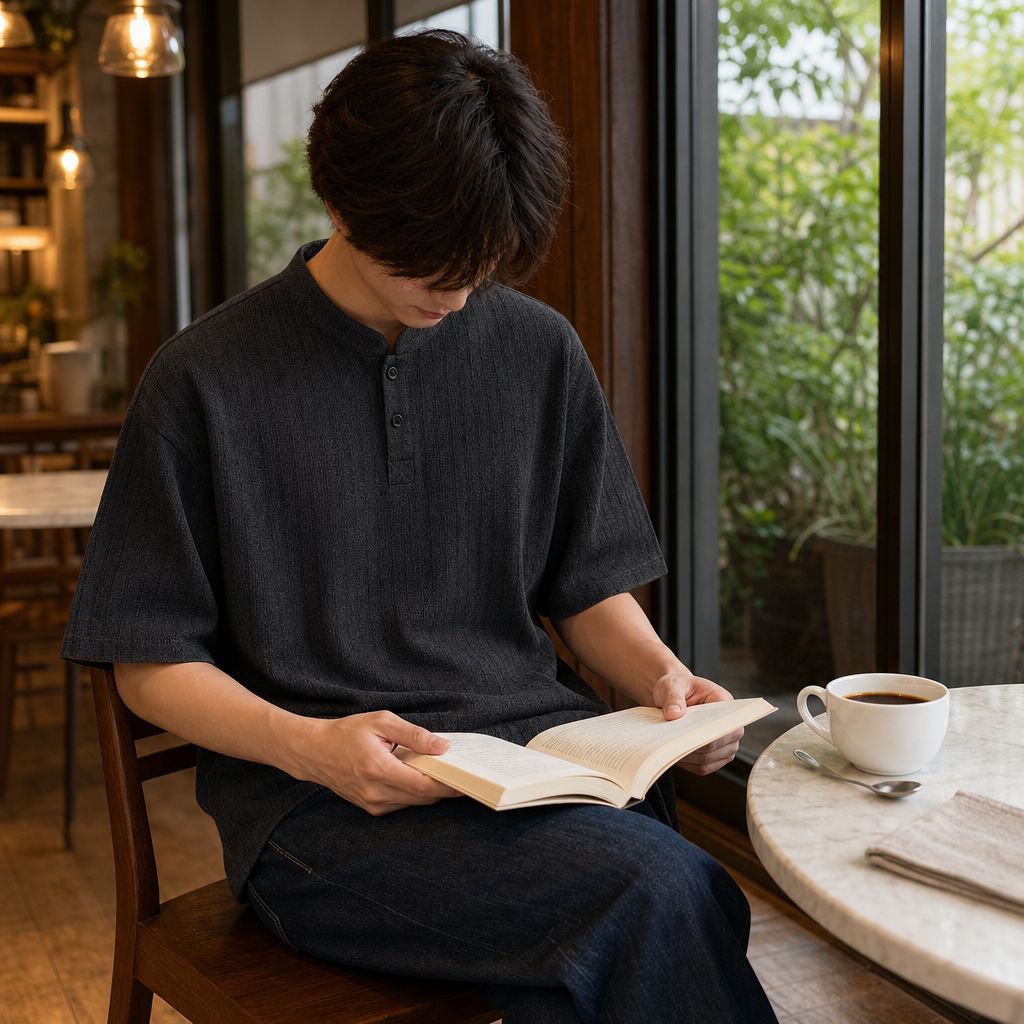 メンズ夏用ゆったり魚骨柄ヘンリーネック半袖カジュアルTシャツ