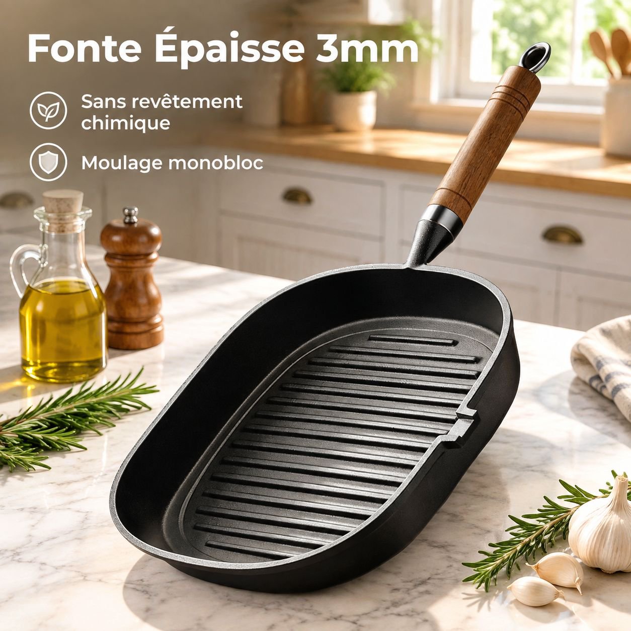 Poêle à Steak en Fonte sans Revêtement Gaz et Induction