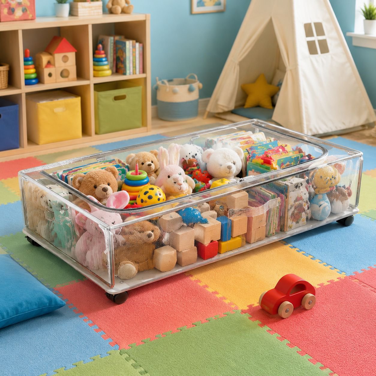 Under bed rolling storage box with transparent lid
