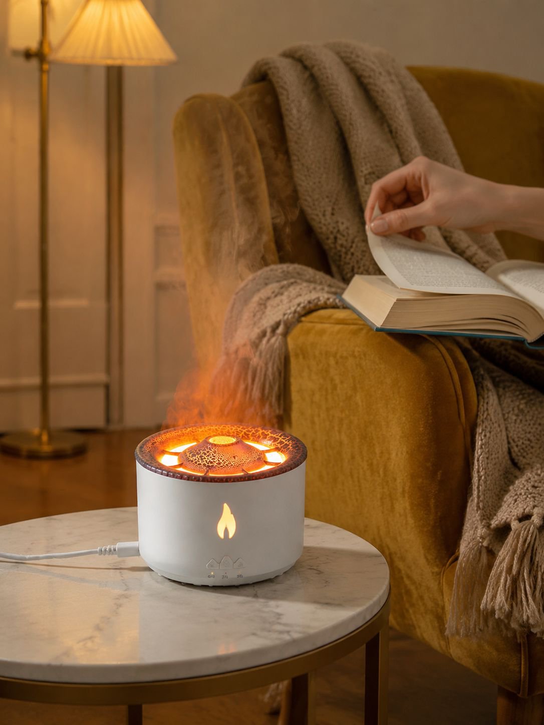 Close-up of volcano-shaped humidifier emitting cool mist