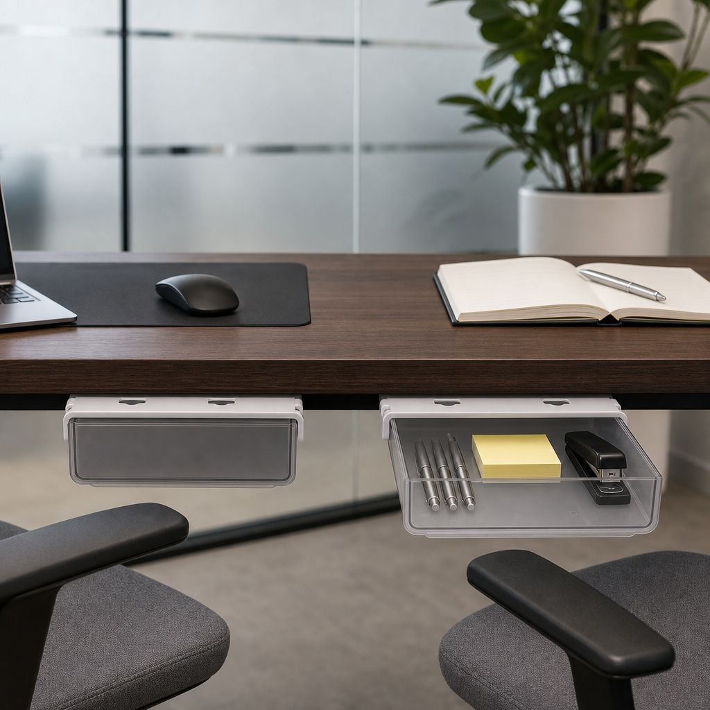 Slide-out under desk storage box in office setting